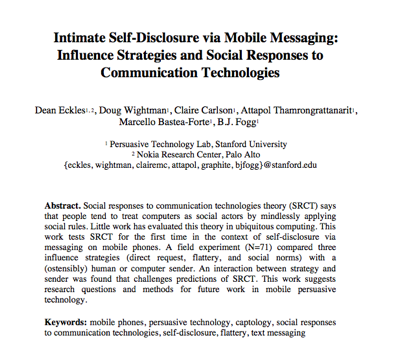 intimate self-disclosure via mobile messaging paper abstract